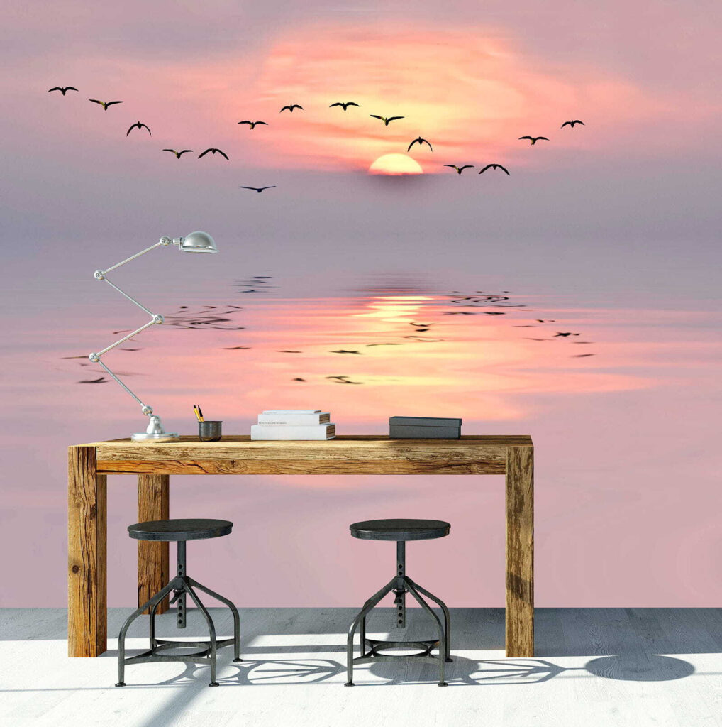 Aves sobre água rosa — interior 1
