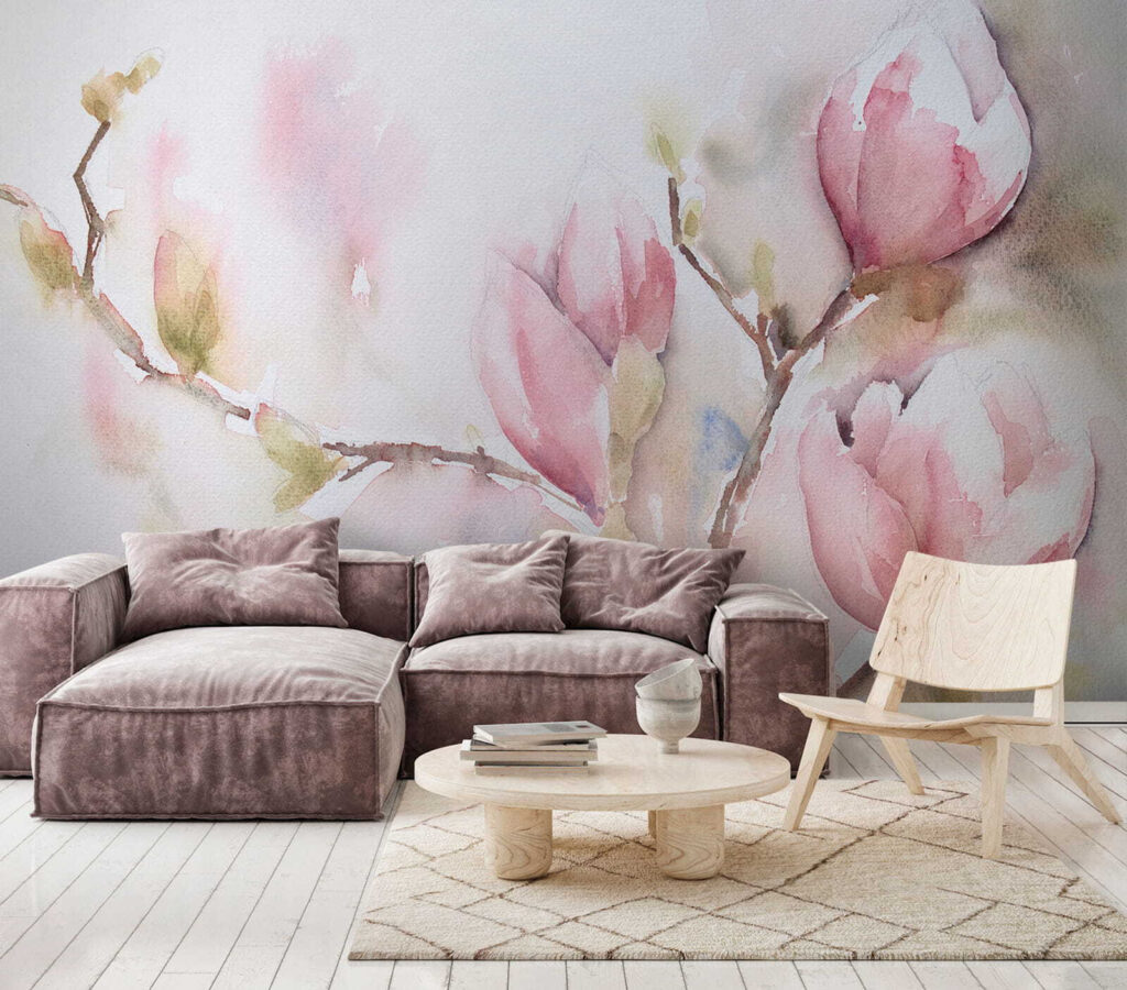 Magnólia em aguarela rosa — interior 1