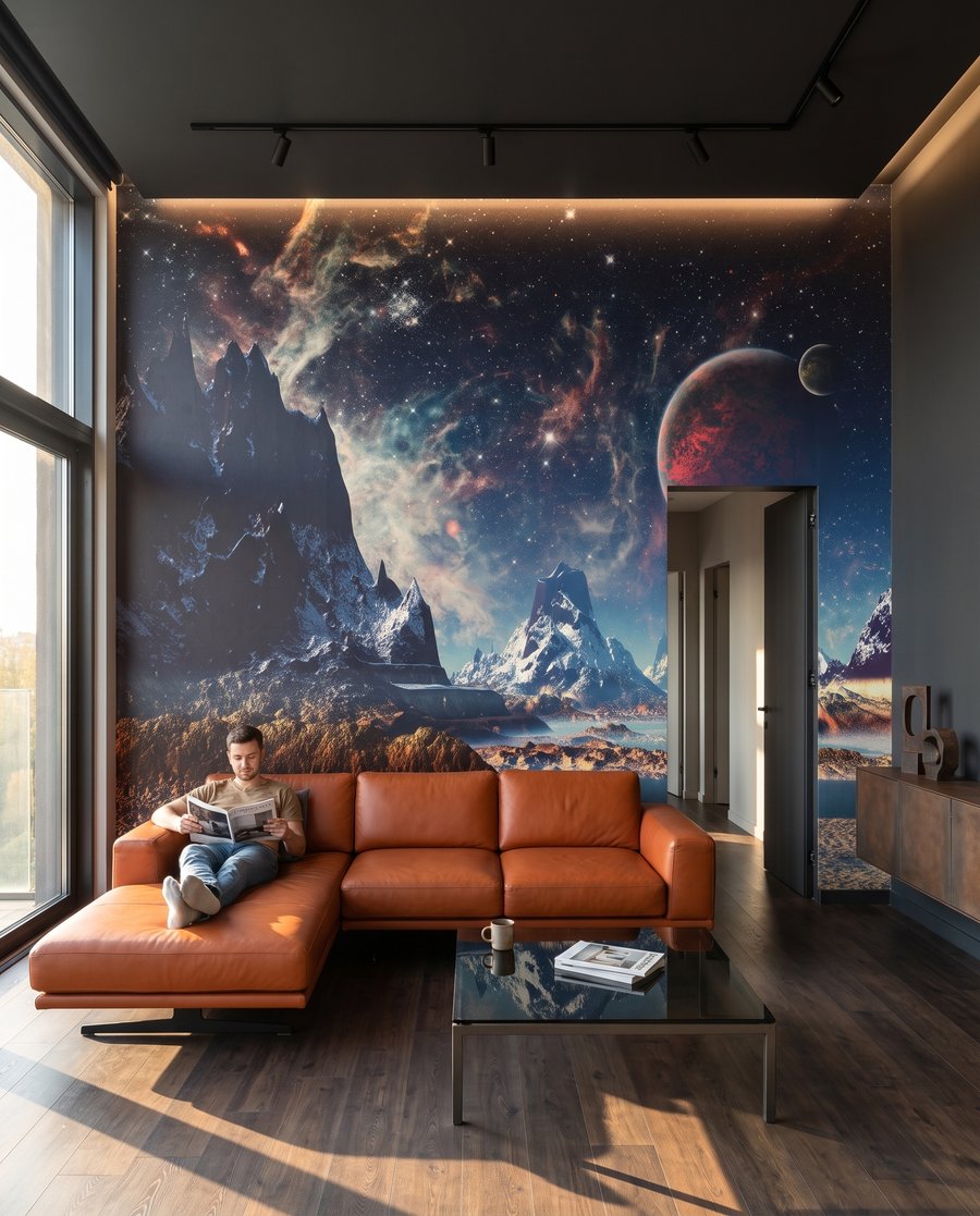 Planetas sobre montanhas num interior