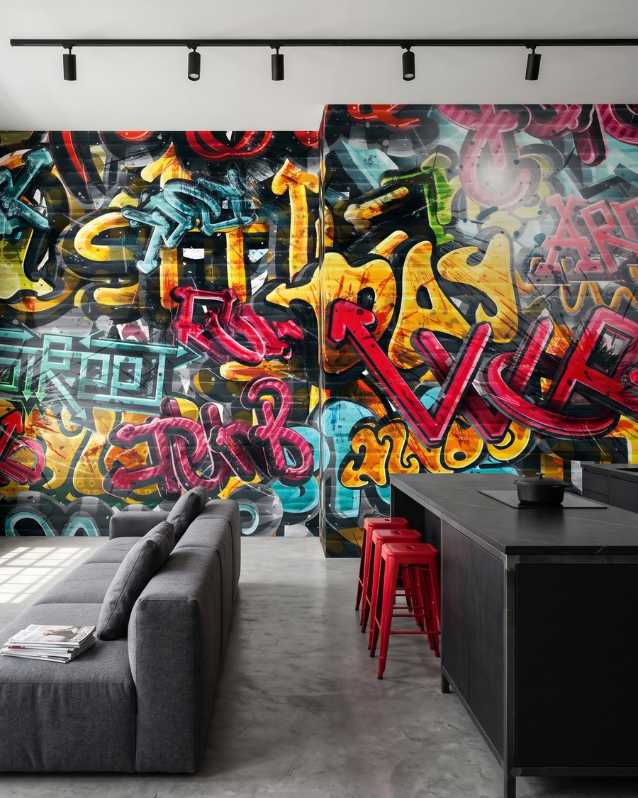 Parede cheia de graffiti num interior