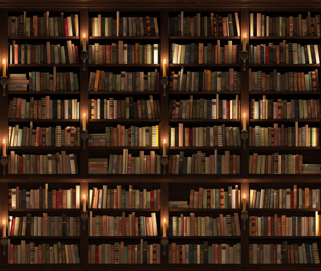Biblioteca em sombra quente — design completo