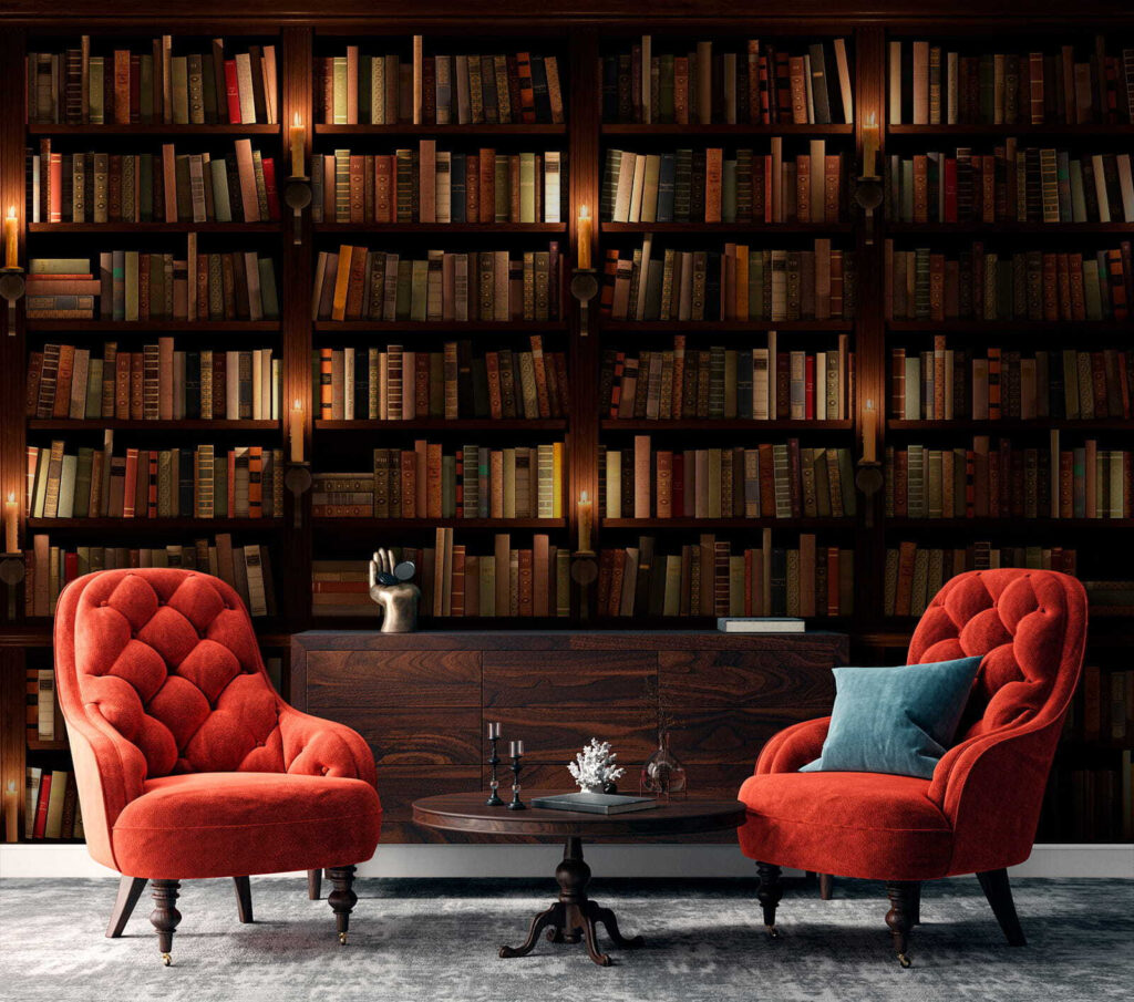 Biblioteca em sombra quente num interior