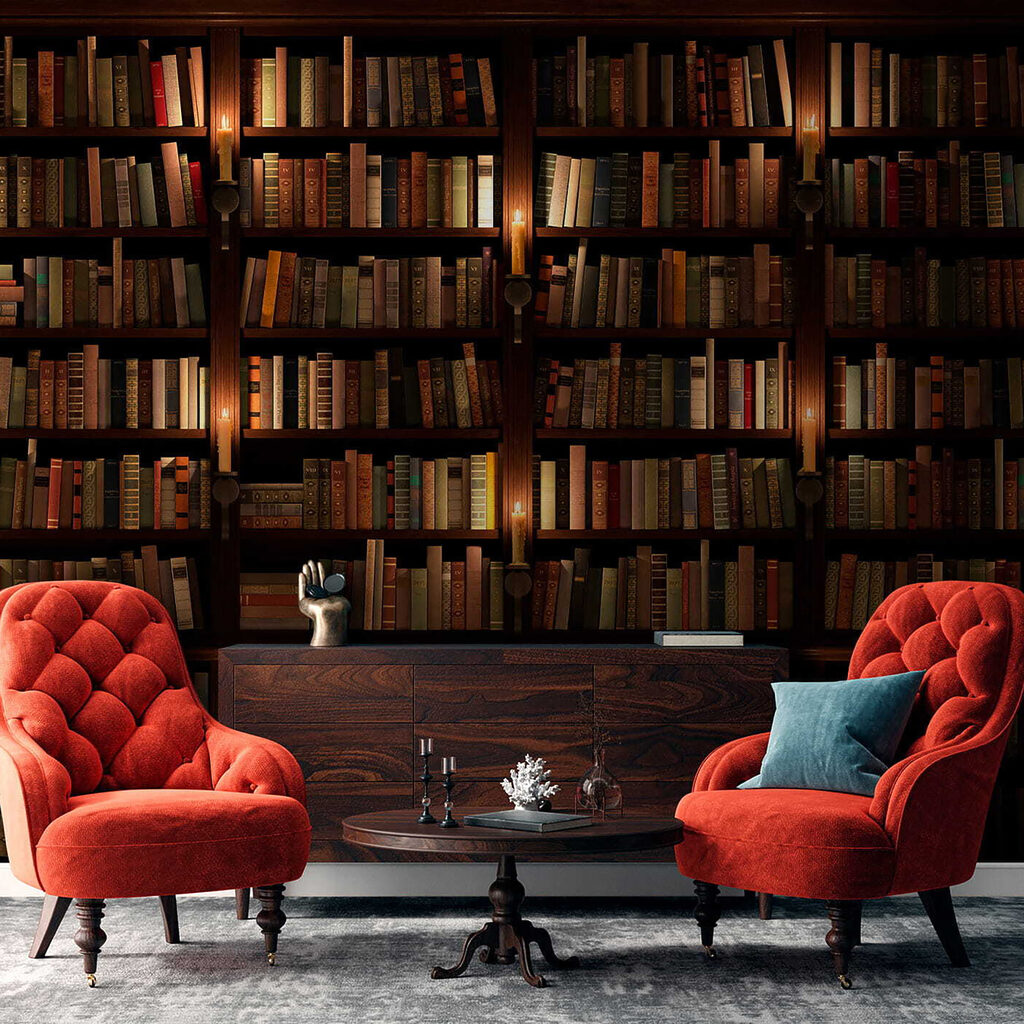 Biblioteca em sombra quente — interior 4