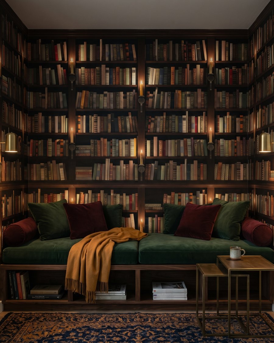 Biblioteca em sombra quente num interior