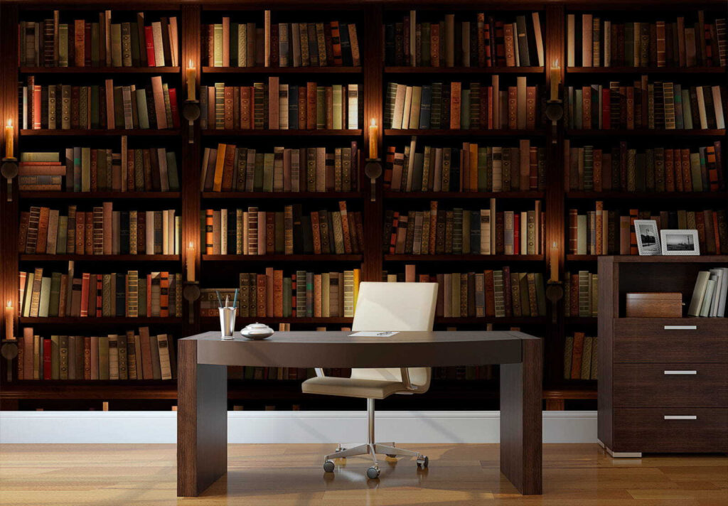 Biblioteca em sombra quente — interior 3