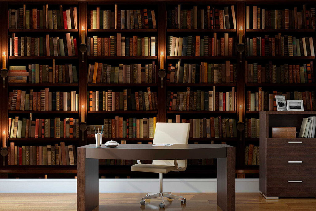 Biblioteca em sombra quente — interior 5