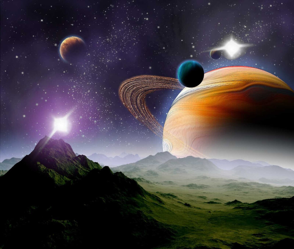 Planetas sobre vale montanhoso — design completo