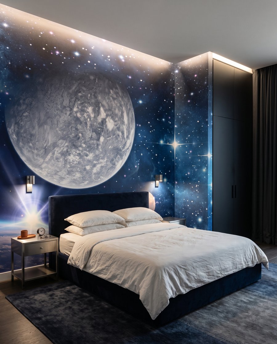 Lua e estrelas azuis num interior