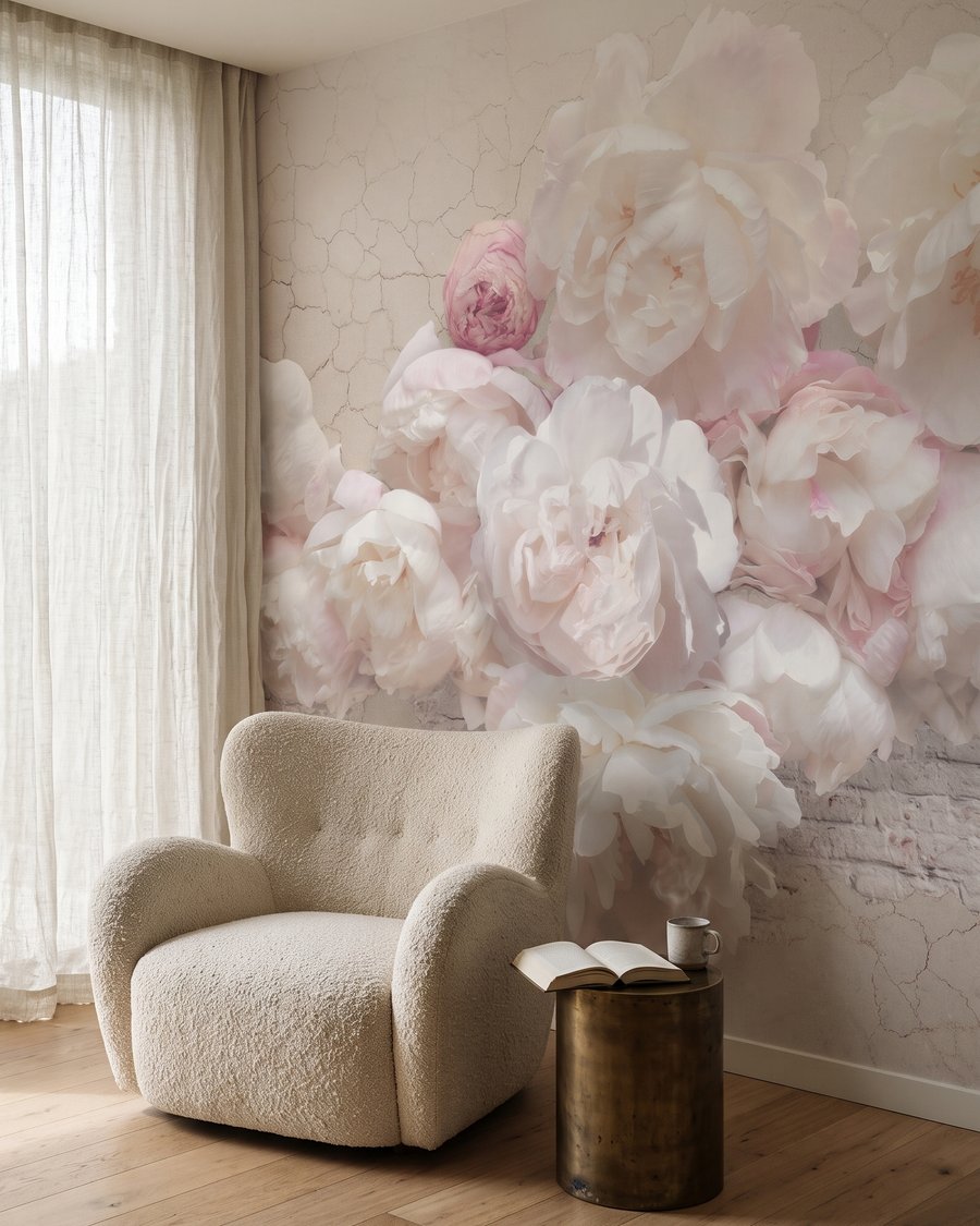 Rosas sobre branco rachado num interior