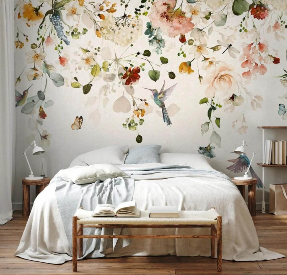 Borda floral com aves num interior