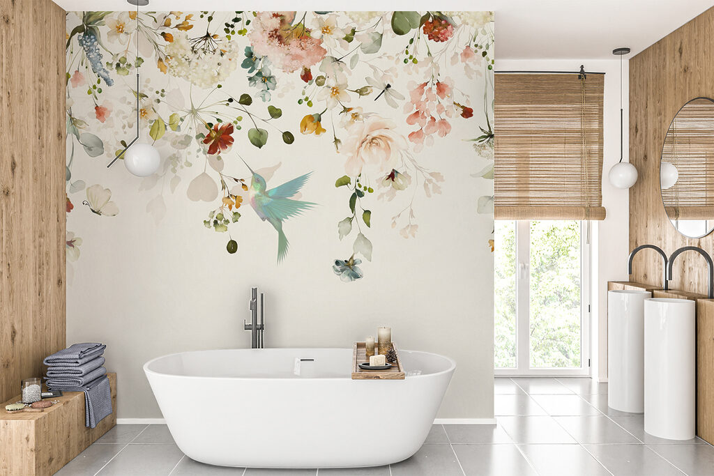 Borda floral com aves num interior