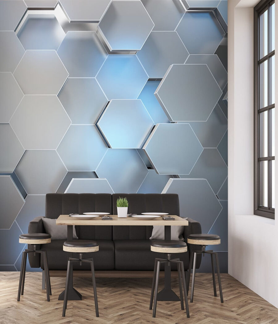 Hexágonos em azul-claro num interior