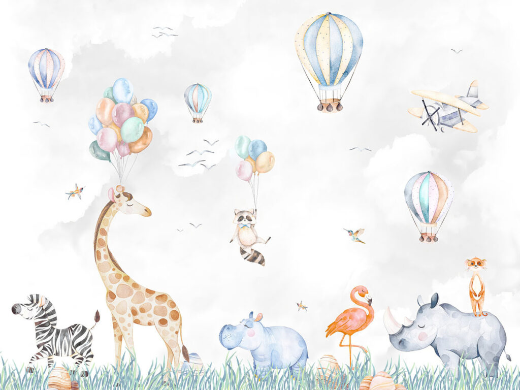 Amigos animais sob balões — design completo