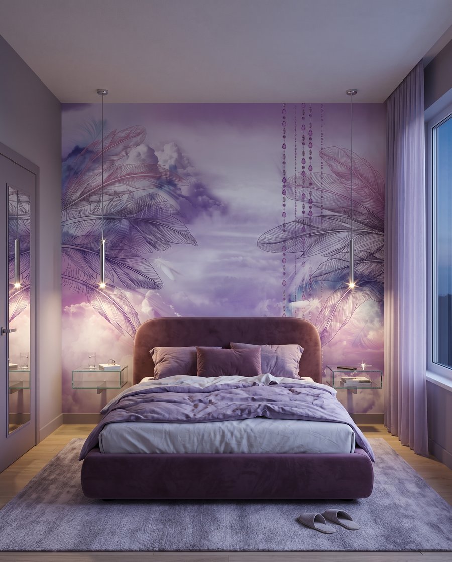 Balouço roxo entre penas — interior 4