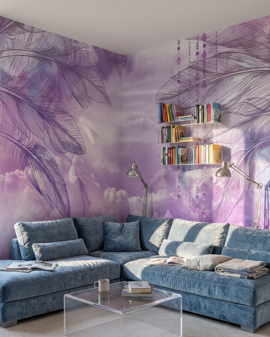 Balouço roxo entre penas num interior