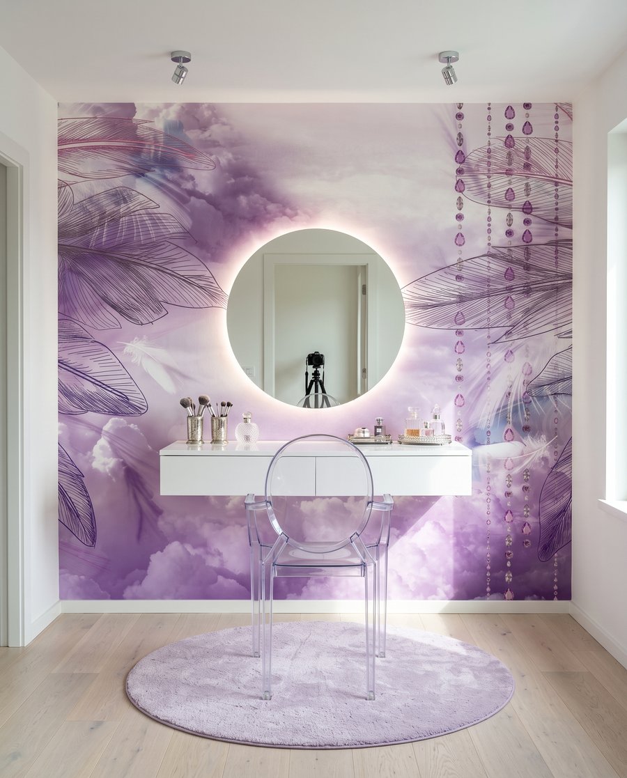 Balouço roxo entre penas — interior 8