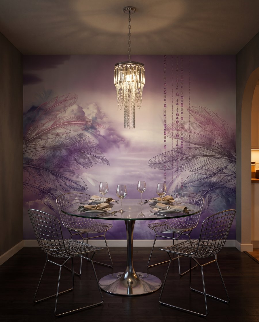 Balouço roxo entre penas — interior 10