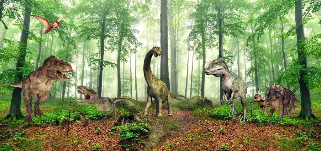 Dinossauros numa floresta soalheira — design completo