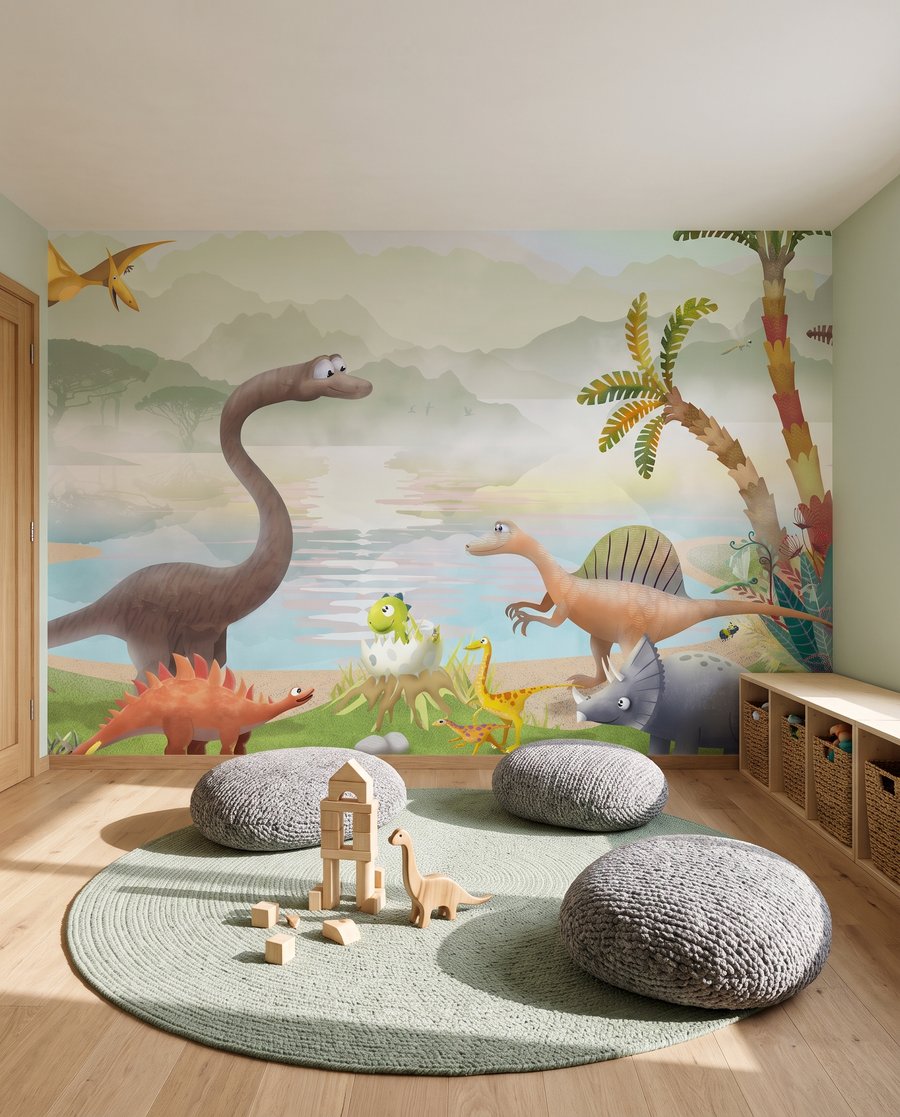 Dinossauros junto ao lago num interior
