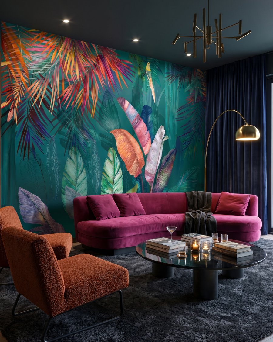 Folhas tropicais vibrantes num interior