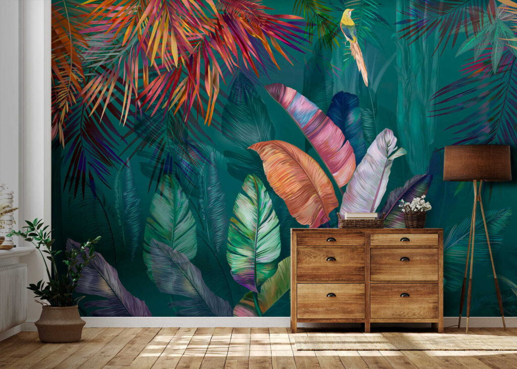 Folhas tropicais vibrantes num interior