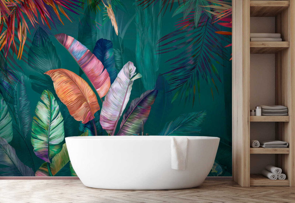 Folhas tropicais vibrantes num interior