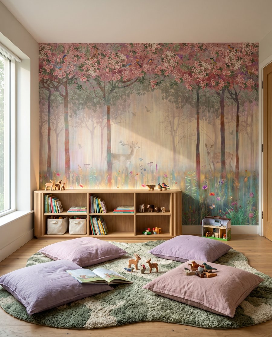 Veados num bosque florido num interior