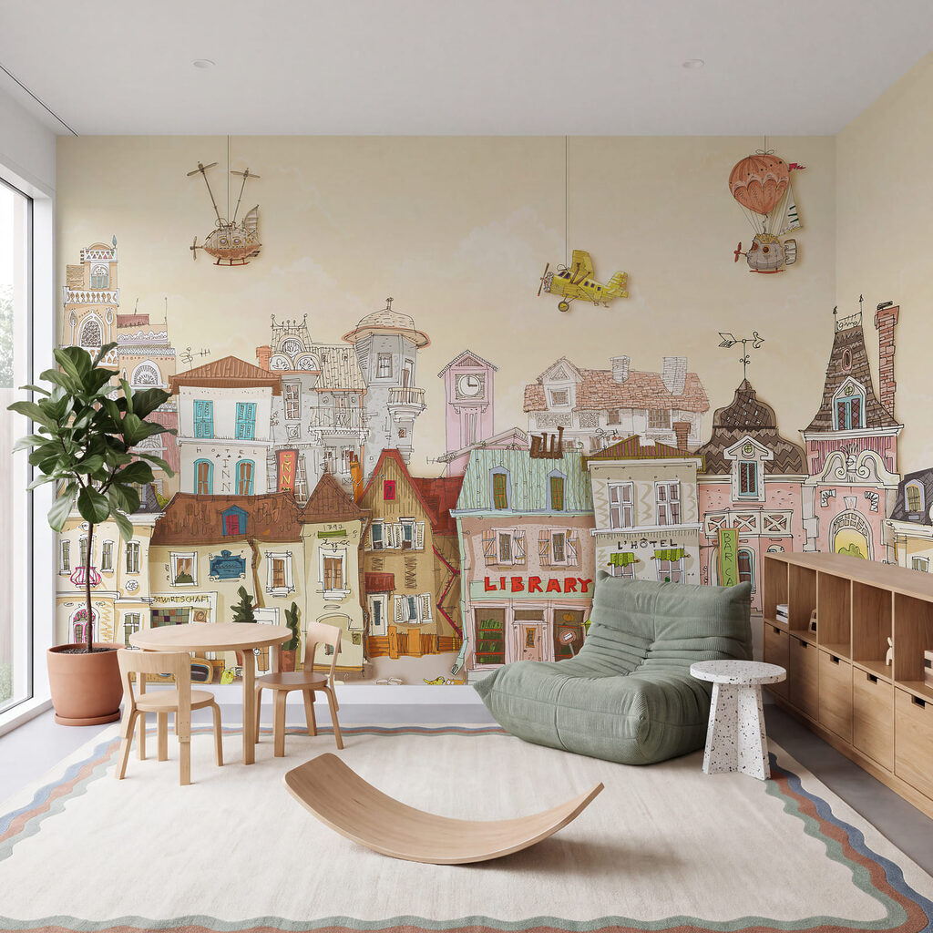 Fachadas coloridas com balões num interior