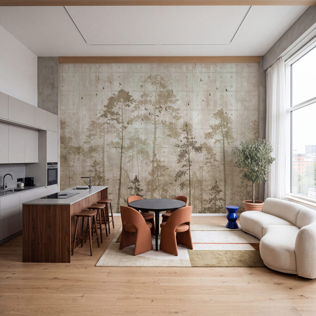 Coníferas sobre parede gasta — interior 1