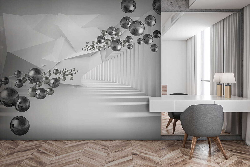 Esferas num corredor branco — interior 10
