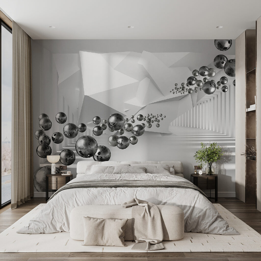 Esferas num corredor branco — interior 11