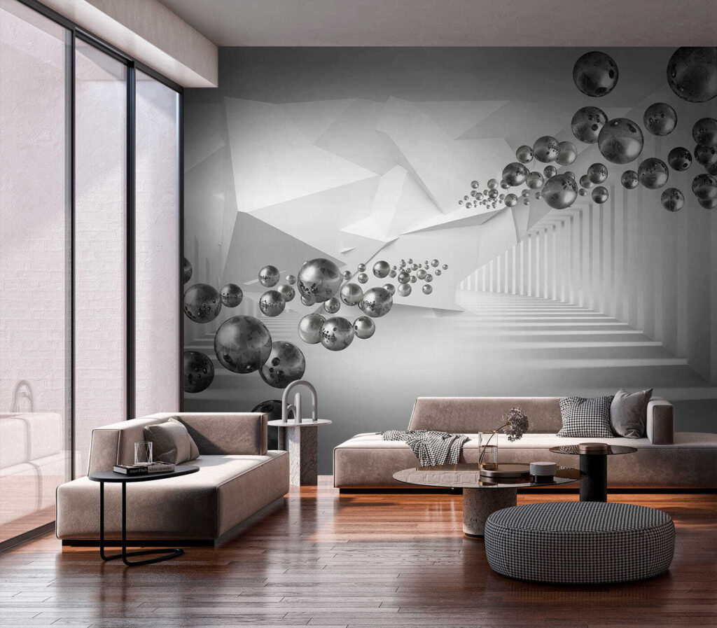Esferas num corredor branco — interior 3