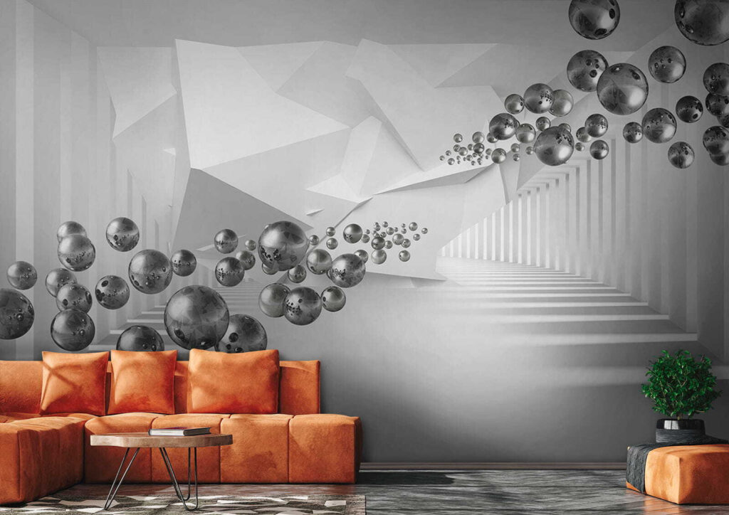 Esferas num corredor branco — interior 4