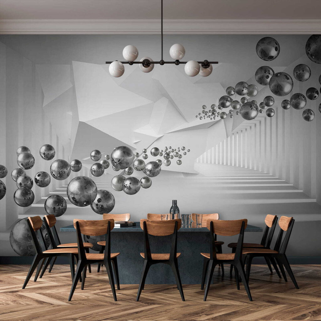 Esferas num corredor branco — interior 8