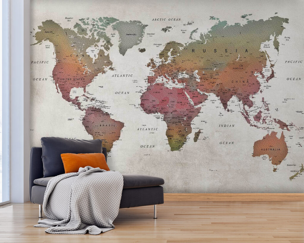 Mapa do mundo envelhecido num interior