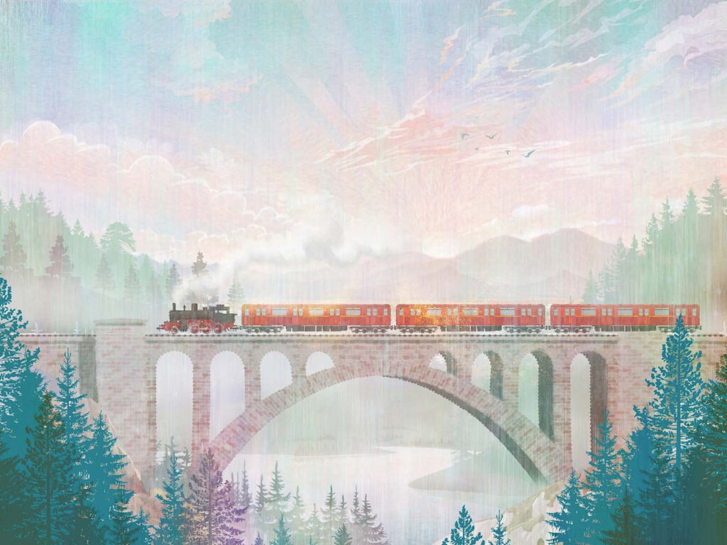 Comboio sobre viaduto alto — design completo
