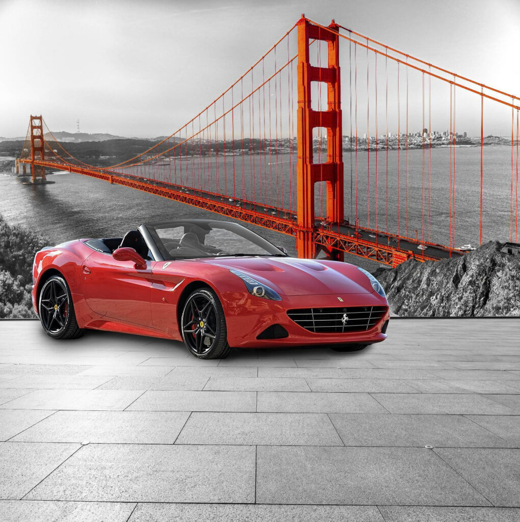 Desportivo vermelho na ponte — design completo