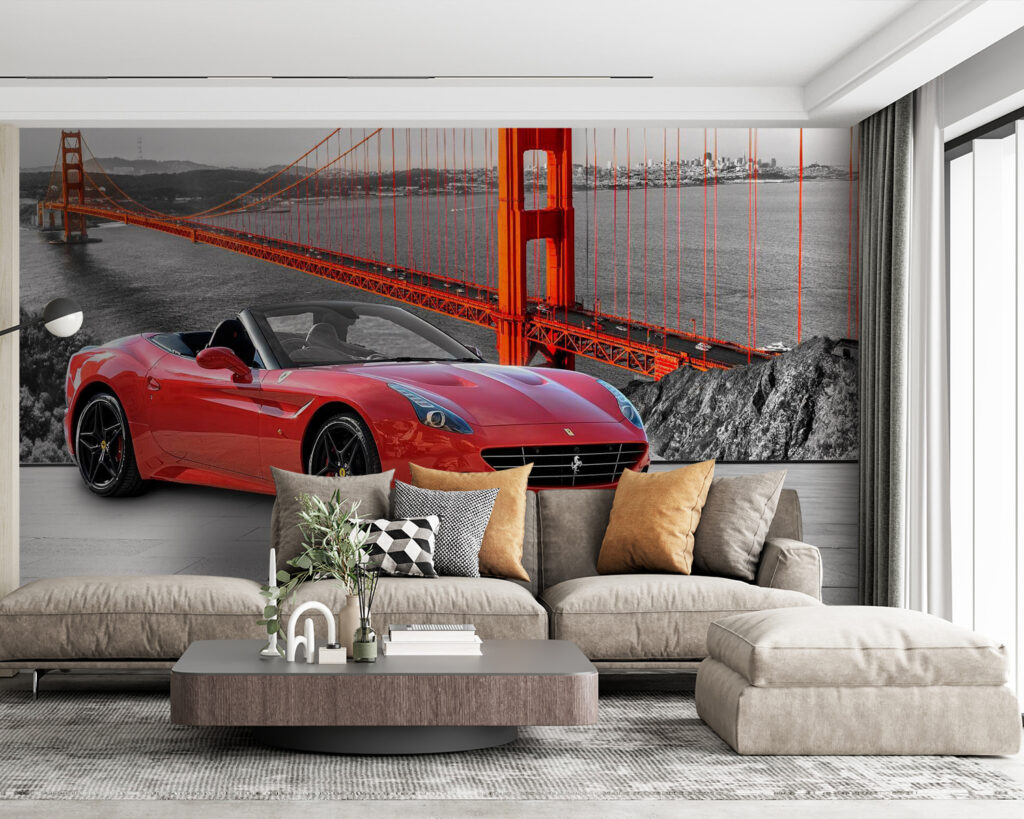 Desportivo vermelho na ponte num interior
