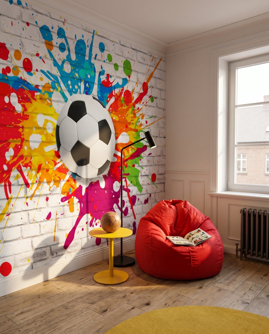 Futebol entre salpicos coloridos num interior