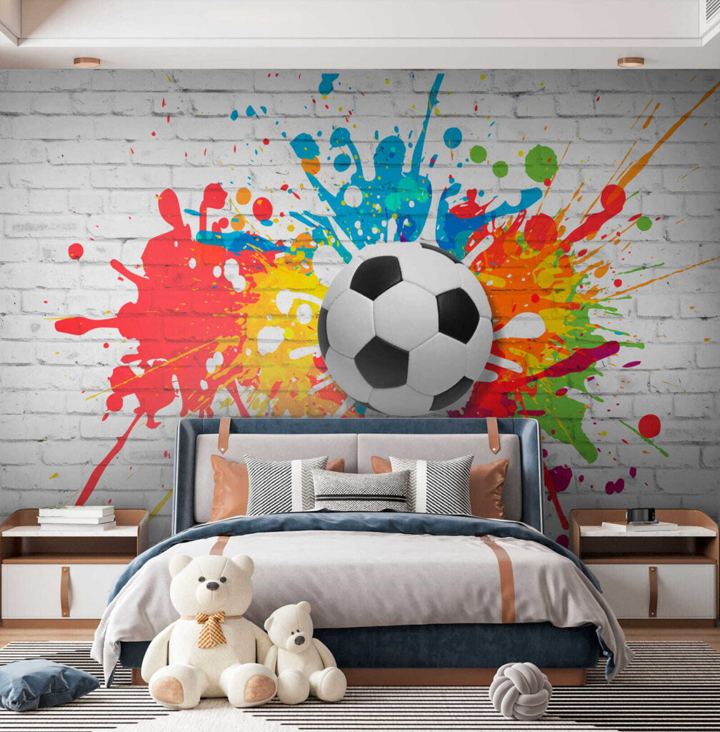 Futebol entre salpicos coloridos num interior