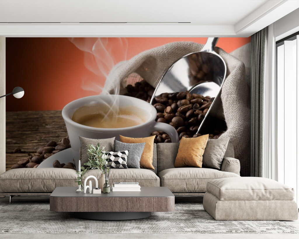 Café fumegante entre grãos — interior 1