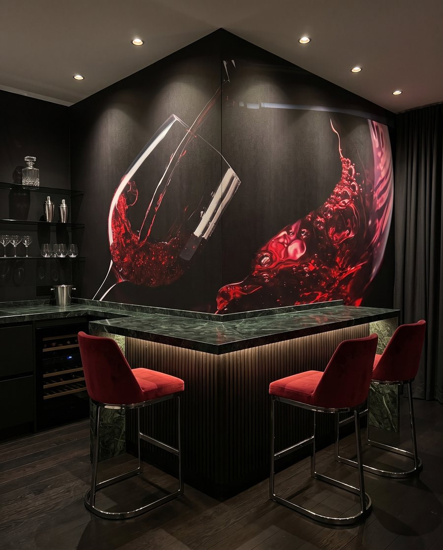 Vinho tinto em movimento num interior