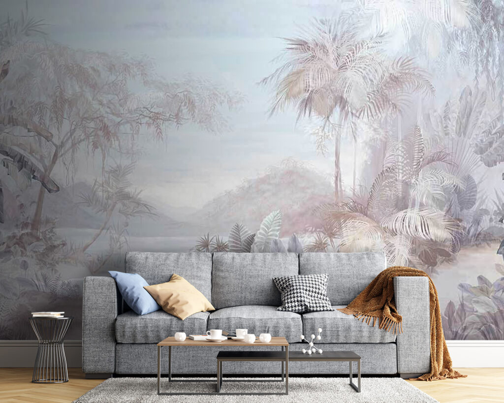 Folhas tropicais em azul-gelo num interior