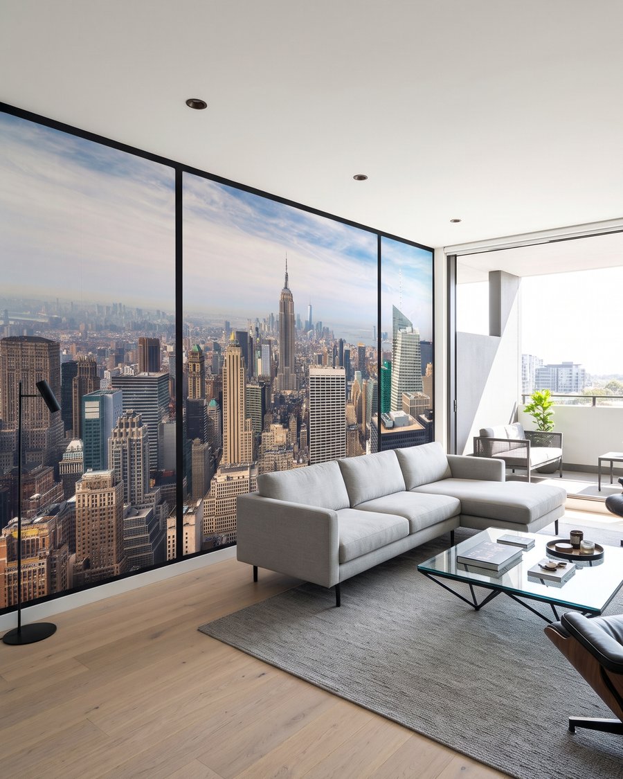 Manhattan por janela preta num interior