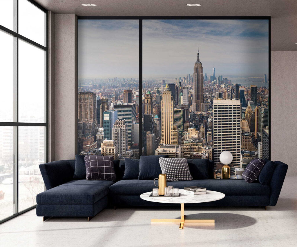Manhattan por janela preta num interior