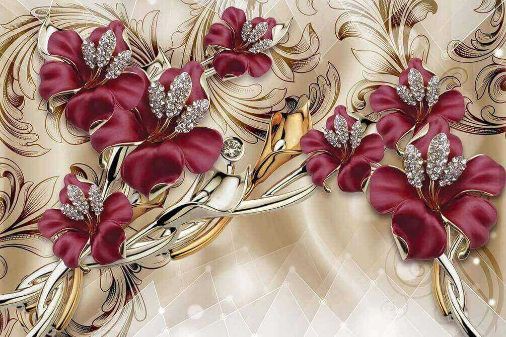 Flores bordô em volutas — design completo
