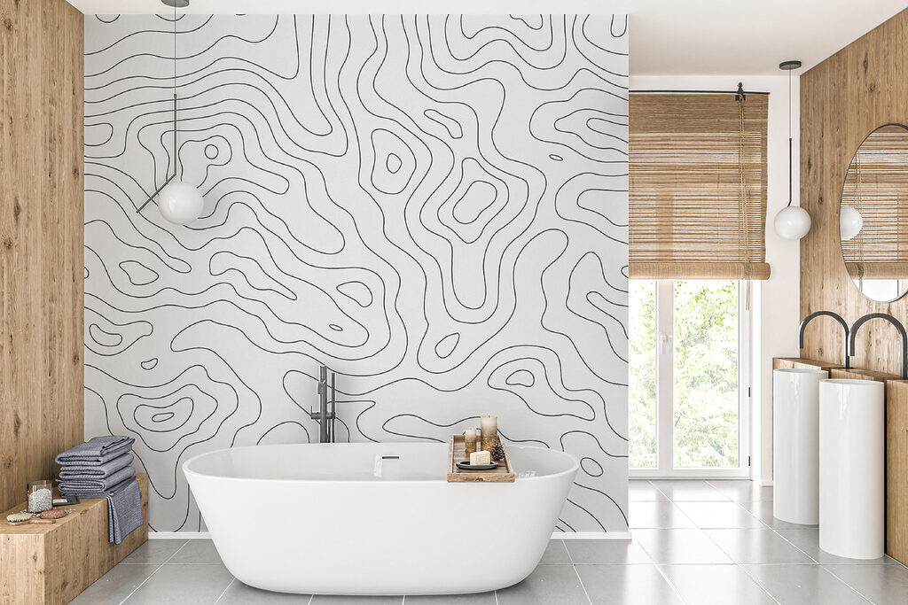 Contornos ondulados sobre branco num interior