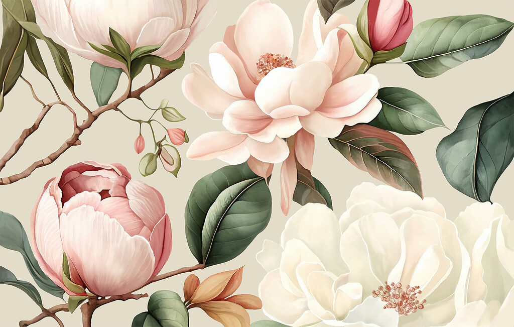 Flores e folhas largas — design completo