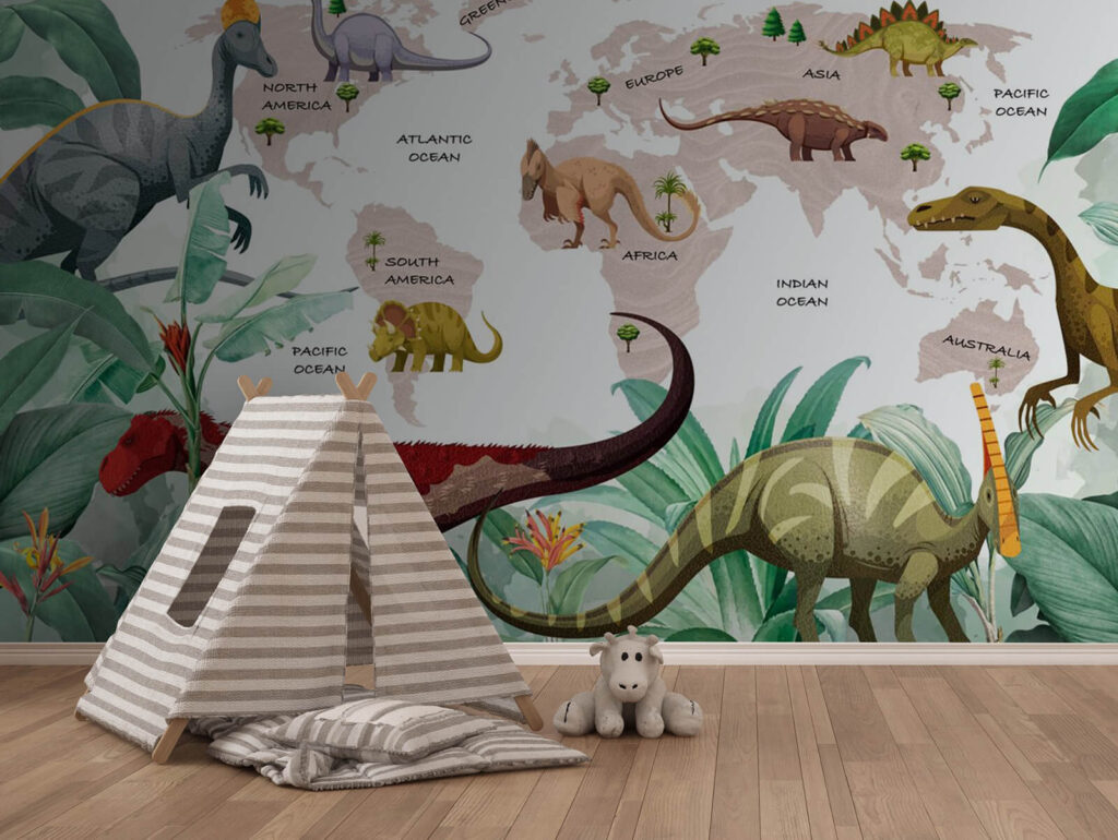 Dinossauros num mapa num interior