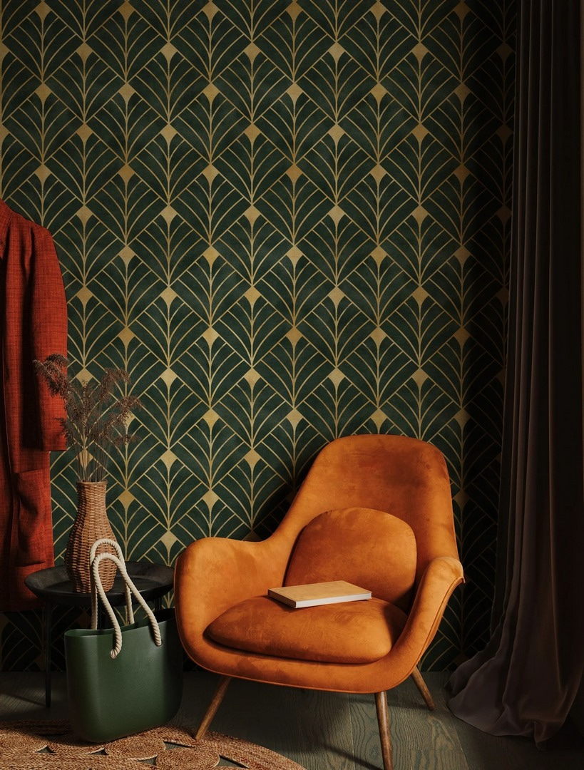 Leques verdes com dourado num interior